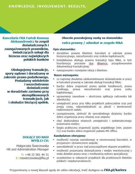 Ogłoszenie Starszy Prawnik/ Senior Associate Ogłoszenie Starszy Prawnik/ Senior Associate